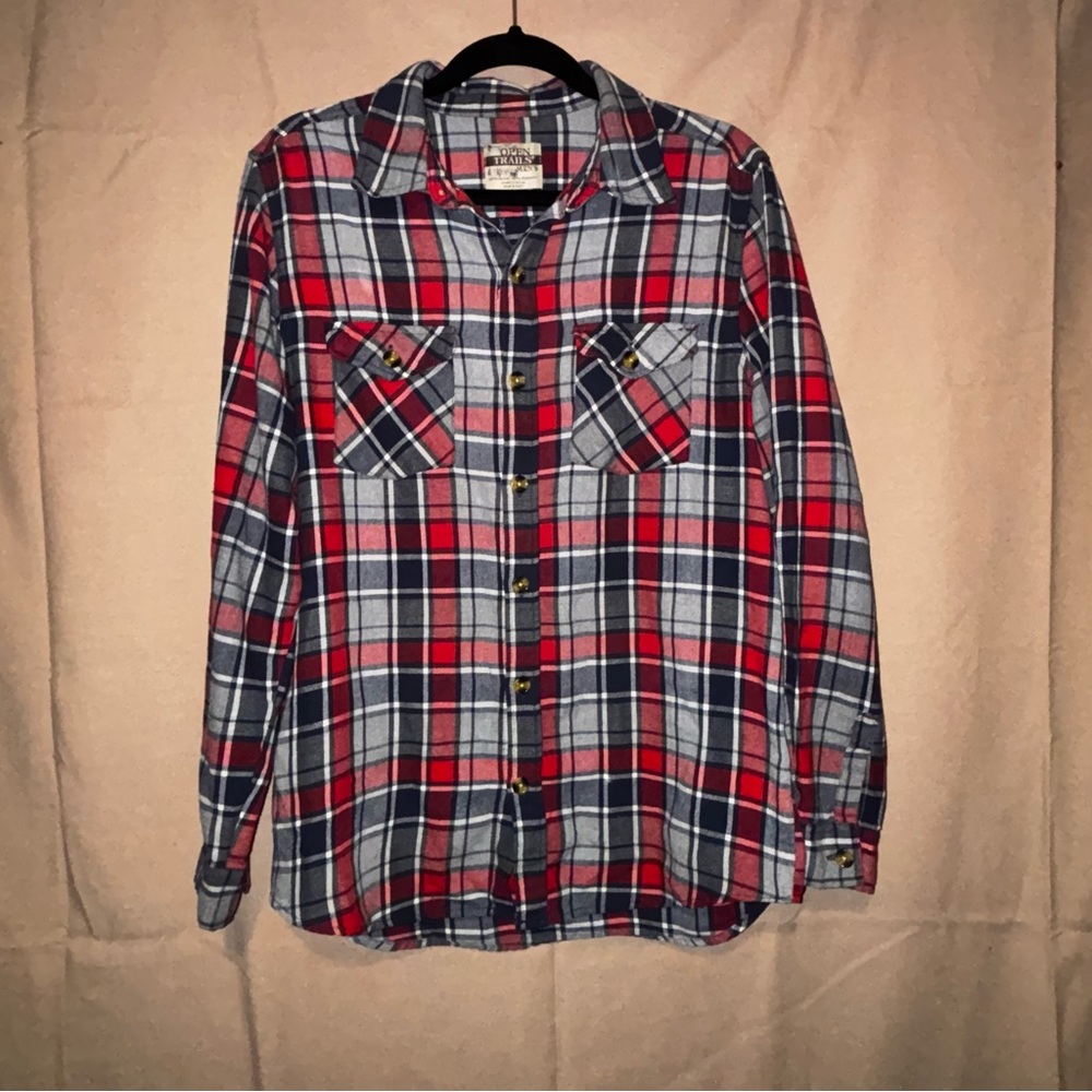 Open Trails size medium Red and Blue Casual Button Down Shirt with Plaid Pattern